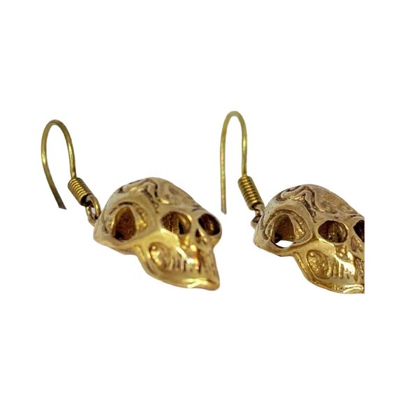 Vintage Gold-Tone Skull Dangle Earrings 1" Rock Punk Skully Goth Halloween - Picture 6 of 9
